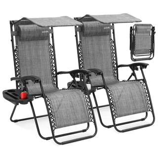 SereneLife Sonnenliege Klappbar 2er Set, mit Sonnendach, Liegestuhl für Garten und Balkon, bis 120 kg, Grau, Verstellbar und Wetterfest, mit Getränkehalter und Kopfstütze, für Strand Camping Relax