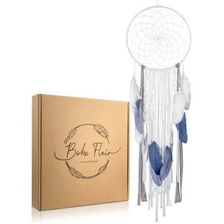 Boho Flair TRAUMFÄNGER, Wanddeko in Boho Stil XXL mit Federn und Perlen, Boho Traumfänger groß, Durchmesser 25cm, Länge 80 cm, Farbe Weiß/Grau