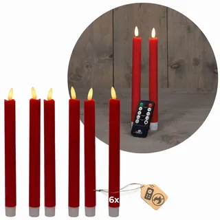 Stabkerzen LED mit Timer ROT 6 Stück indoor - 6 Stunden - ECHTWACHS 18cm Höhe für Kerzen 2,2cm Durchmesser 2 AAA Batterien notwendig LED Stabkerzen 4er Set ROT (zwei Mal) bewegliche Flamme Licht