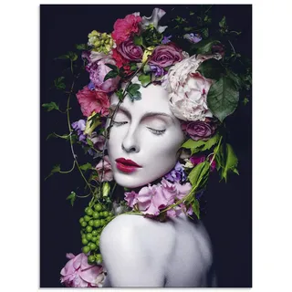 ARTland Wanddeko Glasbilder Wandbild Glas Bild einteilig 45x60 cm Hochformat Portrait Frau Krone Blumen Blüte Kunst Abstrakt Bunt U1UH