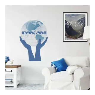 K&L Wall Art Wandtattoo Klebebilder Pan American World Airways Weltkarte 60x88cm Aufkleber, selbstklebende Wanderlust-Wandsticker, hergestellt in Berlin blau
