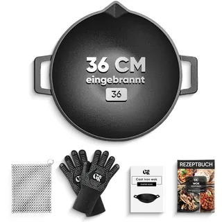GUSSKÖNIG Gusseisen Wok Pfanne - 36 cm robuste Wokpfanne für Gasgrill, Herd, Ofen und Lagerfeuer - Gusseisen Wokpfanne inkl. Ringreiniger, Grillhandschuhe & Rezeptbuch - 30 Jahre Garantie