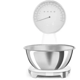 Smeg, Digitale und Analoge Küchenwaage KSF01WHWW, Abnehmbare 1,8-l-Edelstahlschüssel, vier Maßeinheiten g/ml und lb.oz/fl.oz, mit Tara-Funktion, Maximale Kapazität 5 kg, Weiß