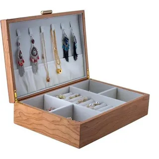 Famanu Schmuckbox Halter für Frauen - Kirschholz - 2 Ebenen - Große Aufbewahrungsbox - Rustikales Holz - Vintage Stil