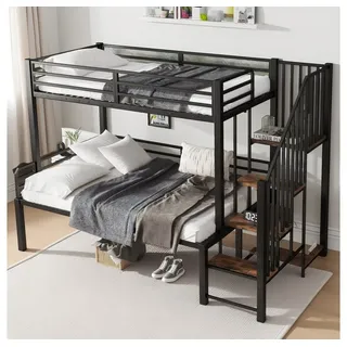 MODFU Etagenbett mit Eckleiterschrank und Stauraum, Eisenrahmen + MDF (Eisenbett Funktionsbett 90x200cm&120x200cm, Jugendbett), ohne Matratze schwarz