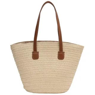JIIENO Strohtaschen Damen, Sommer Strandtasche Stroh Groß Geflochten Korbtasche Stroh Handtasche Basttasche mit Reißverschluss und Leder Schultergurt für Strand Reise Einkau