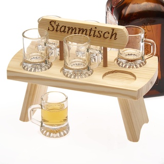 Schnapstablett Schnapstisch aus Holz Tablett inkl 6 Gläser Schnapsgläser Holztablett aus Buche mit Henkel Aufschrift: Stammtisch