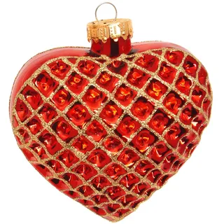 Krebs Glas Lauscha - Weihnachtsdekoration/Christbaumschmuck aus Glas - Waffelherz in Gold Glitter - Farbe: Rot - Größe: ca. 8,5 cm