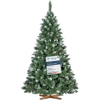 Fairytrees Künstlicher Weihnachtsbaum FT04, Kiefer Natur-Weiss beschneit, mit echten Tannenzapfen und Echtholz Baumständer grün 220 cm