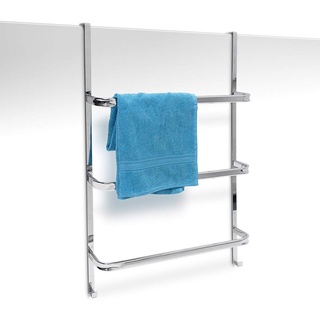 Relaxdays Handtuchhalter mit 3 Handtuchstangen HxBxT: 85 x 54 x 11,5 cm Badetuchhalter für alle gebräuchlichen Türen ohne Bohren in Edelstahl-Optik mit 2 Handtuchhaken für Badezimmer und Küche, silber