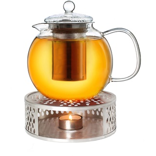 Creano Teekanne aus Glas 1,3l + ein Stövchen aus Edelstahl, 3-teilige Glasteekanne mit integriertem Edelstahl Sieb und Glasdeckel, ideal zur Zubereitung von losen Tees, tropffrei