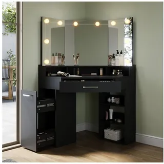 SONNI Schminktisch Eckschminktisch mit/ohne LED-Beleuchtung, Weiß & Schwarz, Eck-Schminktisch, mit LED-Beleuchtung und Spiegel, 110 x 141.5 cm schwarz