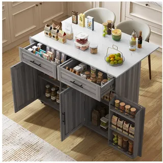 Odikalo Küchenwagen Kücheninsel Sideboard mit klappbare Arbeitsplatte Rollen, (129x46(71)x91,5cm Arbeitsplatte aus massivem Holz klappbare Arbeitsplatte Stauraumtür Rollen-/Massivholzfüße) grau