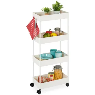 Relaxdays Rollwagen, 4 Ebenen, H x B x T: 93 x 40 x 22 cm, 4 Rollen, Badezimmer, Küche, schmaler Beistellwagen, weiß