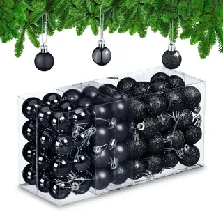 Relaxdays Weihnachtskugeln 96er Set glitzernde, matte & glänzende Baumkugeln, Weihnachtsbaumdeko, Kunststoff, schwarz