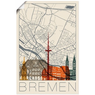 Artland Wandbild Retro Karte Bremen, Deutschland (1 St), als Alubild, Outdoorbild, Poster in verschied. Größen beige 60 cm x 90 cm