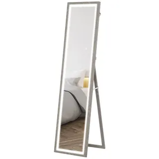 MODFU Standspiegel Ganzkörperspiegel mit LED-Beleuchtung Grau 40x160x4 cm Touch Dimmfunktion 3 Lichtfarben Wandmontage Standfuß bruchsicher