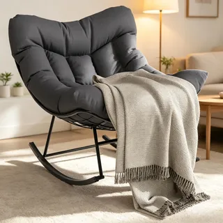 Garvee Eiersessel Schaukelstuhl mit Polster, Moderner Relaxsessel mit stabilem Metallgestell, Bequemer Lesesessel Grau für Wohnzimmer Balkon Terrasse Garten Indoor & Outdoor - Anthrazit