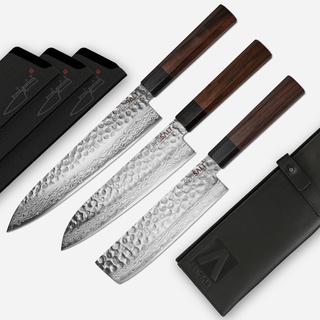 REDSALT® Professional Series 3er Messerset Gyuto Santoku Nakiri handgefertigt in Japan | Profi Kochmesser mit Messerscheide & Ledertasche | Damast Hammerschlag Klinge | Damastmesser Küchenmesser
