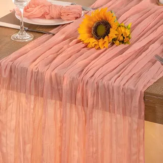 DeZerlor Korallenrosa Seihtuch-Tischläufer Frühling Oster-Tischläufer Boho Gaze 304,8 cm Korallen-Käsetuch Tischdekoration für Hochzeit, Brautparty, Babyparty, 120 Zoll