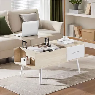 Yaheetech Couchtisch Beistelltisch höhenverstellbar Lift-Top Kaffeetisch mit Stauraum, offene Fächer, helle Holzfarbe - Beige
