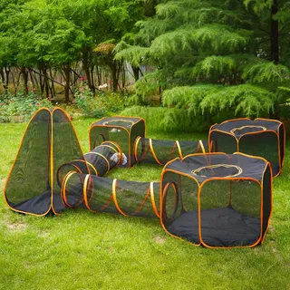DiDiBirDi Outdoor Katzenlaufstall 7-in-1, faltbares Katzengehege tragbares | tragbares Pop-Up-Mesh-Zelt, Haustierzelt mit drei Tunnelkanälen, tragbares Outdoor-Tiergehege für Hunde