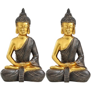 Dehner Gartenfigur Buddha 2er Set, je 39.5 x 25.5 x 18 cm, Polyresin, Deko für Garten oder Sauna in Gold, robust, frostbeständig braun