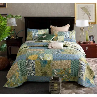Qucover Patchwork Tagesdecke Patchworkdecke aus Reiner Baumwolle, Bettüberwurf für Doppelbett, Vintage Sommerdecke, Zweiseitge Decke mit Kissen Set, Gesteppt & Wattiert (Blau-Grün, 240x270cm)
