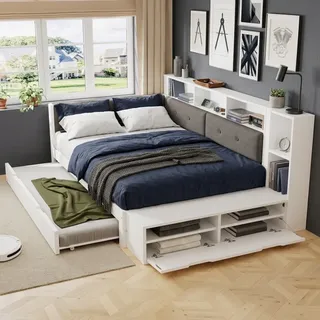 Funktionsbett Holz 120x200 Cm Mit Ausziehbett 90x190 Cm - Jugendbett Einzelbett Mit Lattenrost Gepolstertem Kopfteil Ladefunktion Regalfächern Und Schuhbank - Weiß