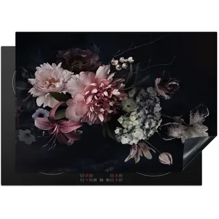 KitchenYeah© Herdabdeckplatte Einteilig Herdabdeckung Abdeckplatte für Ceranfeld Abdeckung Induktionskochfeld Aufrollbare Matte Blumen - Pink - Vintage - Pastell - Rosa - Schwarz - 75x52 cm