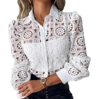 Weiße Spitze Patchwork Hemd Bluse Frauen Frühling Sommer Ungefüttert Langarm Shirts für Frauen 2024 Mode Aushöhlen Vintage Tops - S