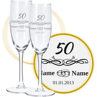 LALALO Sektglas mit Gravur 50. Hochzeitstag (2 St.), Goldenen Hochzeit Sektgläser Geschenk personalisiert/graviert, Jahrestag (Ringliebe)