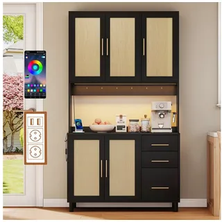 Flieks Küchenbuffet mit LED-Beleuchtung, Steckdosen und Haken (Buffet mit Rattantüren und Schubladen, 1-St., B100/T40/H183 cm) Hochschrank Küchenschrank Geschirrschrank mit verstellbare Ablagen schwarz