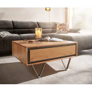 DELIFE Couchtisch Stonegrace, Akazie Natur 80x60 cm 2 Schubladen Steinfurnier Couchtisch beige 80 cm x 40 cm x 60 cm