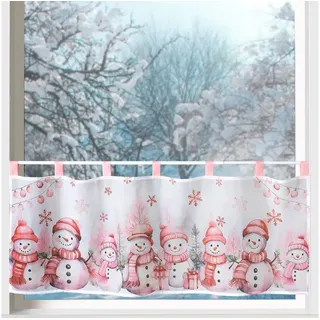 heimtexland Scheibengardine Weihnachten Deko Gardine Bistro Weihnachtsgardine (1 St), Schlaufen, transparent, Voile, 45x120 cm I Schneemann rosa I Fensterdeko Winter Advent rosa