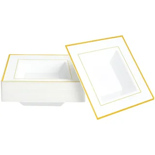 MATANA 60 Weiße Quadratische Plastikschalen mit Goldrand Suppenteller, Suppenschalen (360ml) - Suppenschüssel für Hochzeiten, Geburtstage Weihnachten, Partys - Mehrweg & Stabil