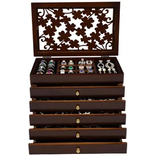 Dekltus Holz Schmuckkästchen, Schmuck-Organizer, 6 Ebenen Schmuckaufbewahrung Holz Große mit Schublade, Schmuckkoffer für Uhren, Ohrringe, Ringe (Braun)