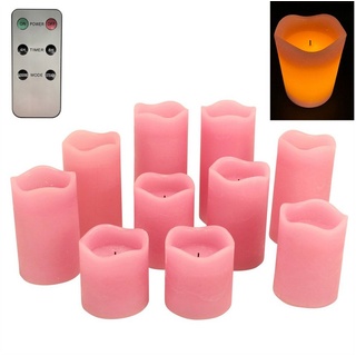 Online-Fuchs LED-Kerze 10er Set Stumpenkerzen aus Echtwachs mit Docht, verschiedene Höhen (OHNE Flamme, 4- oder 8-Stunden-Timer wählbar, Fernbedienung, Farben wählbar (Grün, Rot, Sandelholz, Creme, Weiß, Alt-Rosa), je 2 Kerzen mit 8, 10, 12, 14 und 16 cm Höhe, 7,5 cm Durchmesser rosa