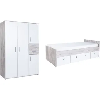 Arthur Berndt Jugendzimmer-Set ARTHUR BERNDT "Jugendzimmer-Set »Bente« 2-teilig", transparent (eiche sand nachbildung, weiß), 2-teilig, Schrank, Bett + ohne Matratze, B/H: 90cm x 200cm, 2-teilig, Schrank, Bett, Hartfaserplatte, Holzwerkstoff, Kunststoff, Metall, 