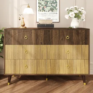 Merax Kommode mit 6 Schubladen Retro Sideboard 120×40×81 cm – Holzmaserung, Schrank für Wohnzimmer, Schlafzimmer & Flur, Aufbewahrungsschrank mit Massivholzbeinen & Metall-Ringgriffen