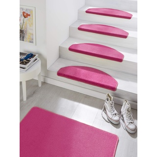 Hanse Home Stufenmatten Fancy – Treppen-Teppich Treppenmatten Selbstklebend Sicherheit Stufenteppich halbrund für Treppenstufen – Pink, ca. 23x65cm 15 Stück