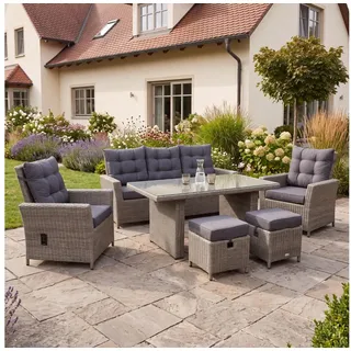 bellavista - Home&Garden® Gartenlounge-Set Dininglounge-Set Asti Polyrattan Braun 7 Personen mit Tisch, (Set, 19-tlg., Essgruppe), braun, Polyrattan, für 7 Personen, wetterfest - Garten, Terrasse braun|grau