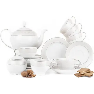 KONSIMO® Kaffeeservice SCANIA Teeservice (21-tlg), 6 Personen, Porzellan, Teeservice, Dessertteller, Teekannen, Zuckerdose, Milchkännchen weiß