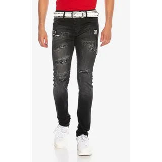 Bequeme Jeans CIPO & BAXX Gr. 30, Länge 32, schwarz Herren Jeans im Used-Look mit Print-Elementen