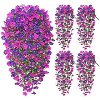 Weldomcor 4 Stück Künstliche Blumen Hängend Kunstblumen mit Eukalyptus Blätter Künstliche Hängeblumen wie Echt Künstlich Hängepflanze für Wand Haus Garten Hochzeit Dekoration (Lila Fuchsia)
