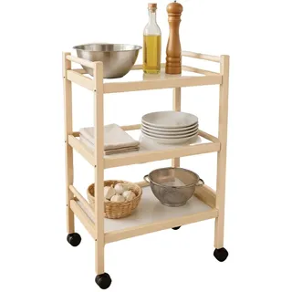 Mehrzweckwagen, 3 Ablagen, 100% Buchenholz, 28 x 40 x 64,5 cm, mit Rollen
