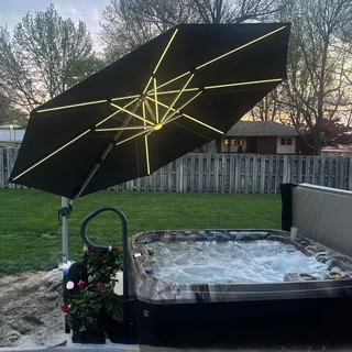 PURPLE LEAF Sonnenschirm Ø 330 cm mit LED Solar Beleuchtung Ampelschirm Marktschirm Groß 360° Rotation, Gartenschirm mit Kurbel, Balkonschirm XXL, Sonnenschutz UV50+, Grau