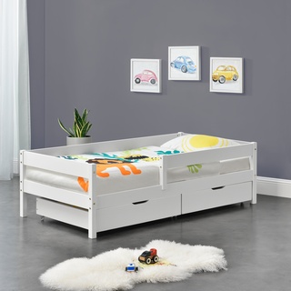 [en.casa] Kinderbett Borgarnes 90x200 cm mit Rausfallschutz und Schubladen Weiß