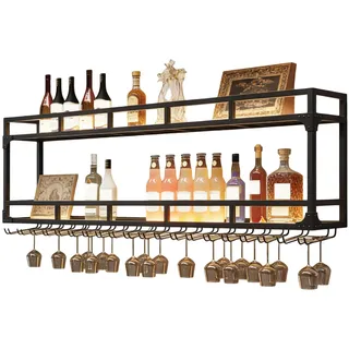 WXZXWXZX Weinregal Metall Bar Regal Wand Flaschenregal Schmal Weinständer mit Weinglashalter für Bartheke Wohnzimmer Küche Esszimmer(Black-2,150cm)
