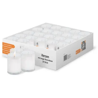 ration1.de 25 Kerzen, Teelichter groß, 24 Stunden Brenndauer, weiß, transparent, Lichter Set unparfümiert, in Glas aus Kunststoff klar, ohne Duft, rußfrei, Deko für Innen & Außen, Gastro, Party